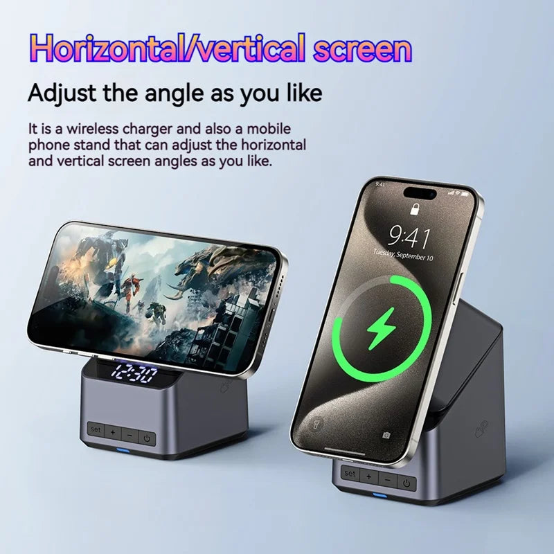 15W Electric Rotating Magnetic Wireless Charger Time Display Charging Station for iPhone 16 15 14 13 12 11 Watch AirPods Pro
