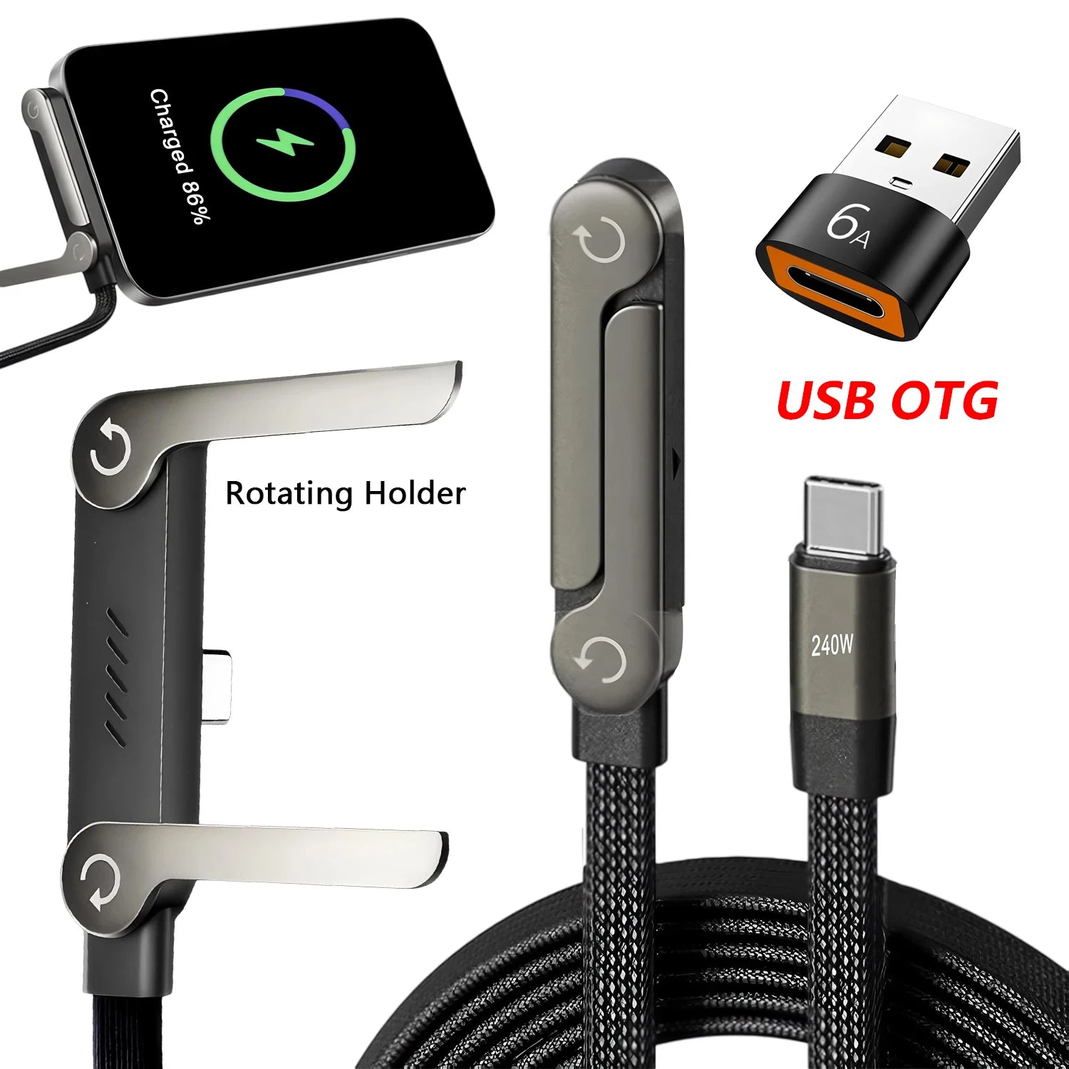 2-IN-1 USB Type-C Cable Foldable Mobile Phone Holder 240W Fast Charge Data Cable Multifunction Phone Charge Bracket PD USB OTG
